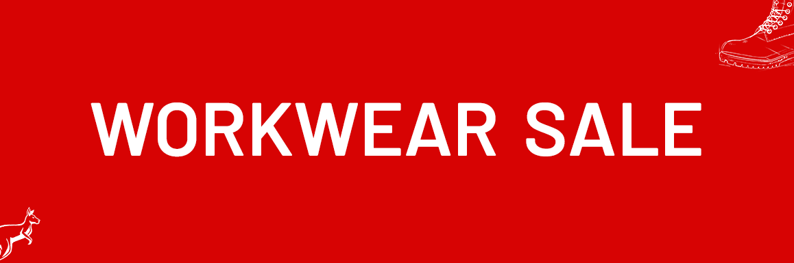Red sale sign for workwear clothing in Australia